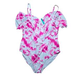 Tie-Dye Pink Ruffle One-Piece Swimsuit Womens 3XL Nova Swim NEW